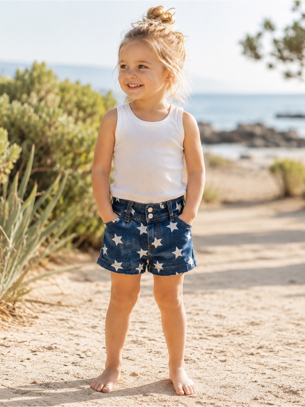 Mini Boden Girls Star Print Denim Shorts Size 3T